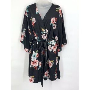 INC Robe XL Black Floral Print Lace Tie Front Soft Luxurious NWT
